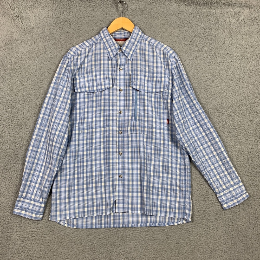SIMMS Cor3 Fishing Shirt Mens Medium M Blue/White Plaid Vented Button Up Outdoor